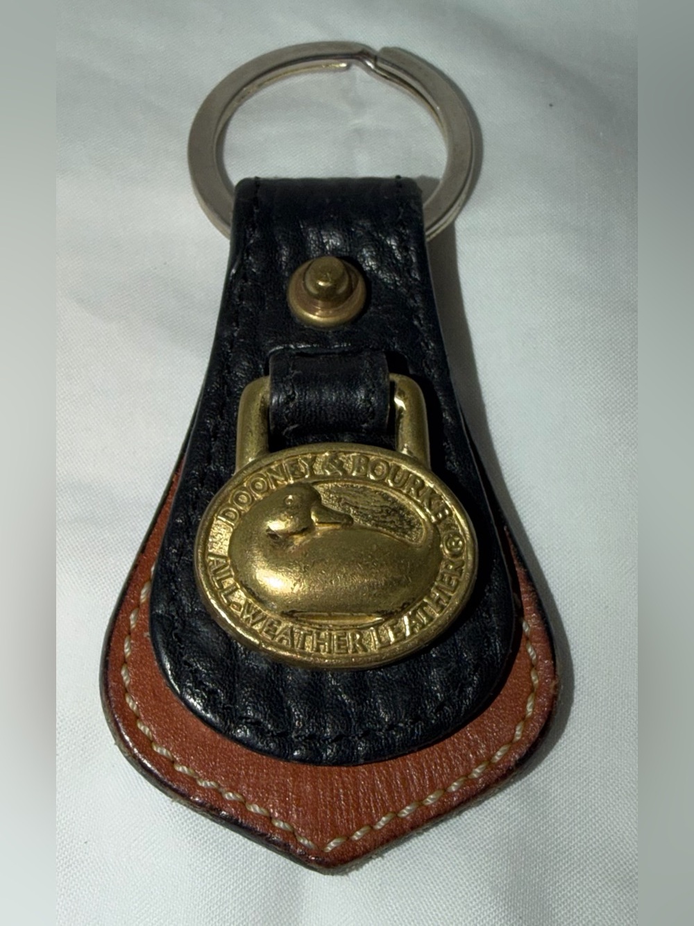 Vintage Dooney & Bourke Black Brown Leather Key Fob with Brass Duck Medallion - Picture 2 of 4